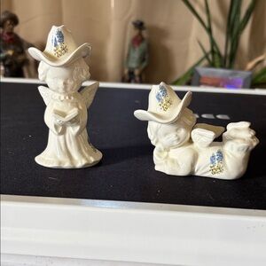 Cream Ceramic Angel Figurine Set with Blue Floral Details